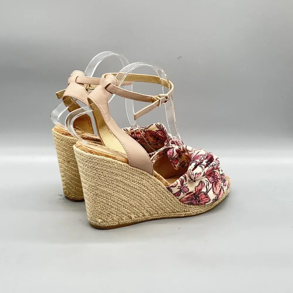 Sam Edelman Sandals Women 10 Pink Cotton Floral Bow Ankle Espadrille Wedge Shoes